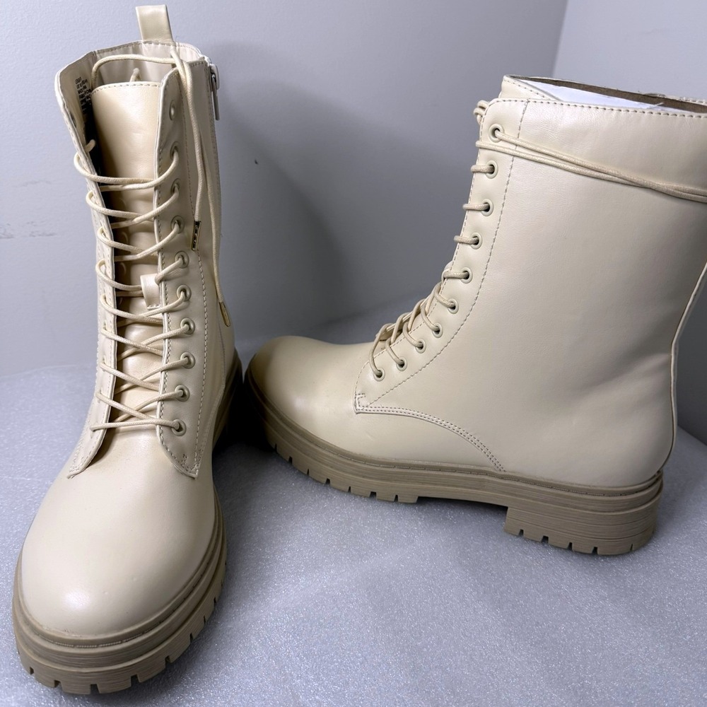 Leighton Women Cream Beige Lace Up Side Zip Lug Sole Combat Boots Size 10